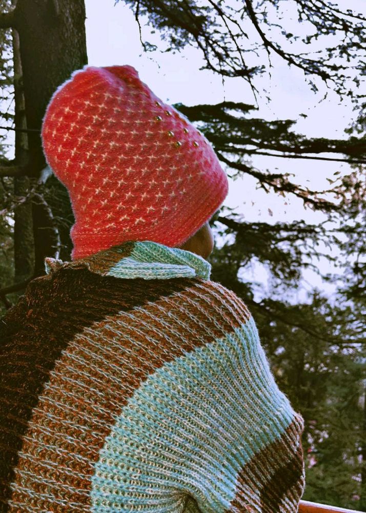 Cozy Striped Knitted Poncho &amp; Hat