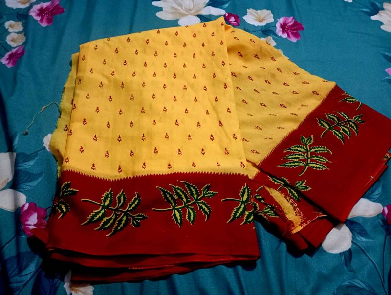 Yellow And Red Border Daily Wear Saree
