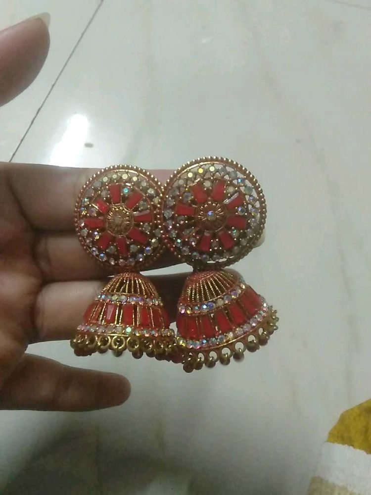Red &amp; Gold Jhumka Earrings