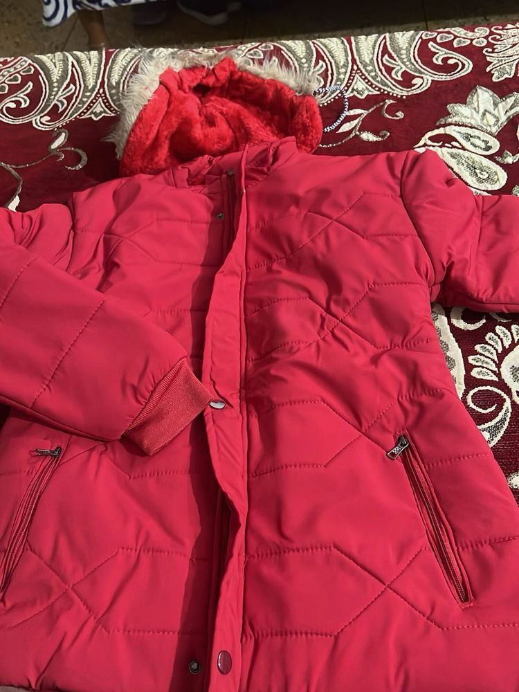 Red quilted long jacket