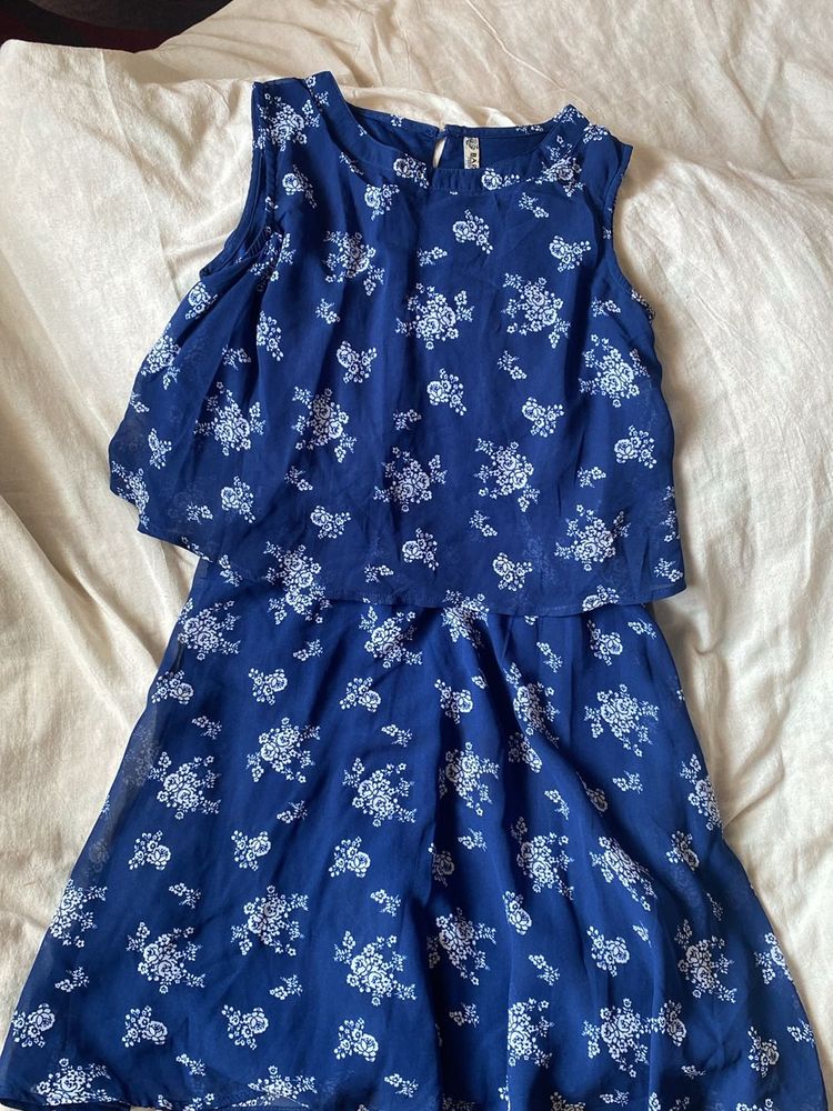 Navy Blue Flower Printed Mini Flare Dress