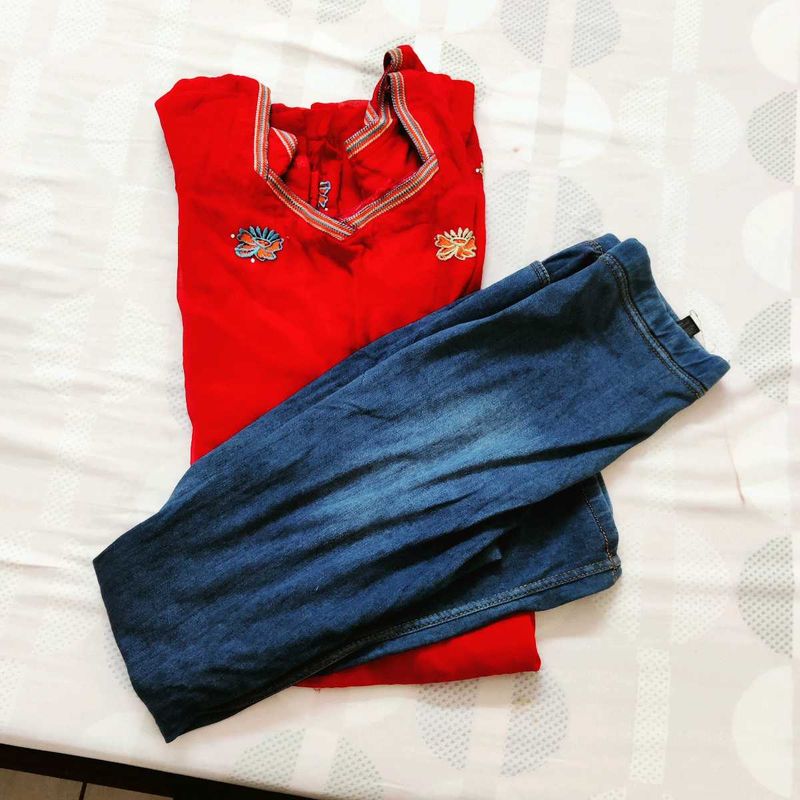 Embroidery Kurta And Jeggings Combo
