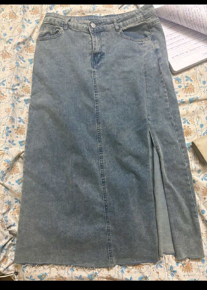 Denim Maxi Skirt with Slit