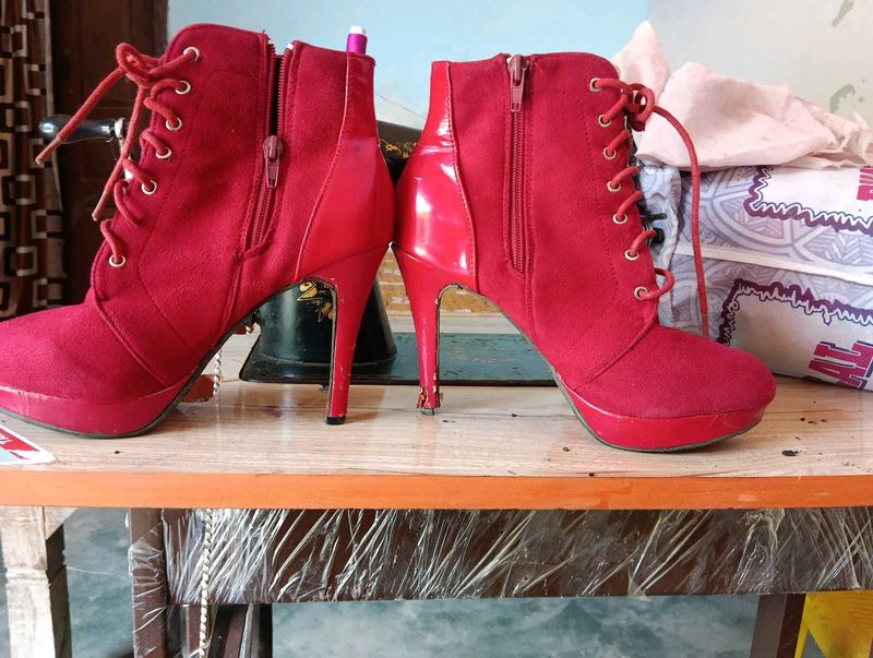 Red Lace-Up Ankle Boots