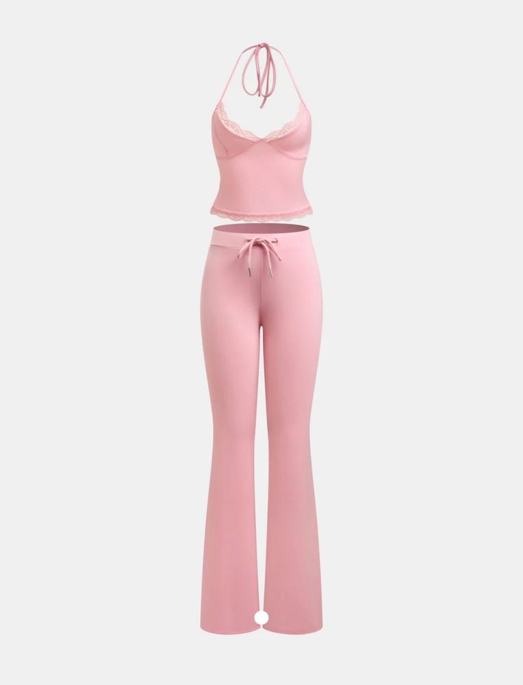Pink Lace Trim Halter Top &amp; Flare Pant Set
