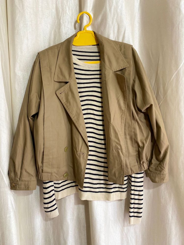 Vintage Cropped Jacket Combo With Striped Sweater