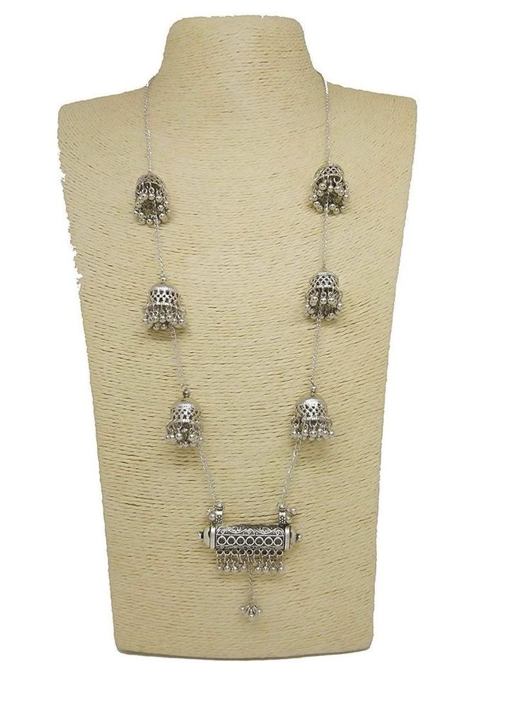 Silver Antique Jhumka Necklace