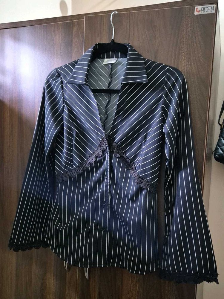 Striped Blouse with Lace Detail