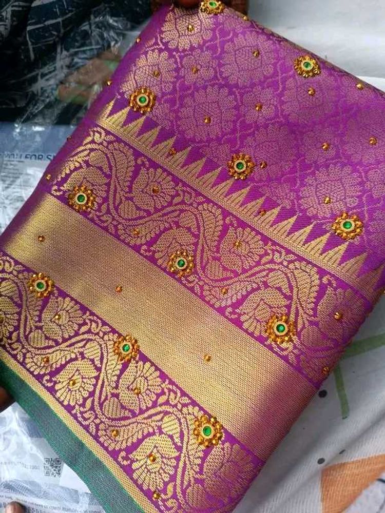 Kanjeevaram Brocade Purple Beads &amp; Stones Saree Wi