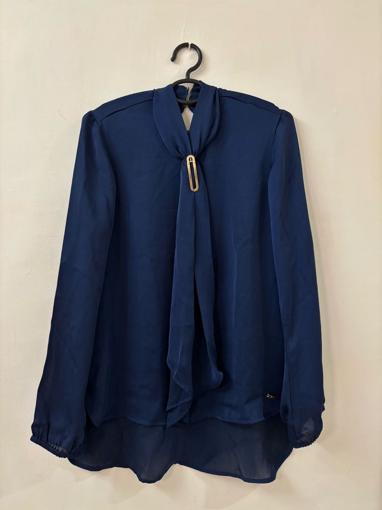 Navy Blue Blouse with Scarf Detail