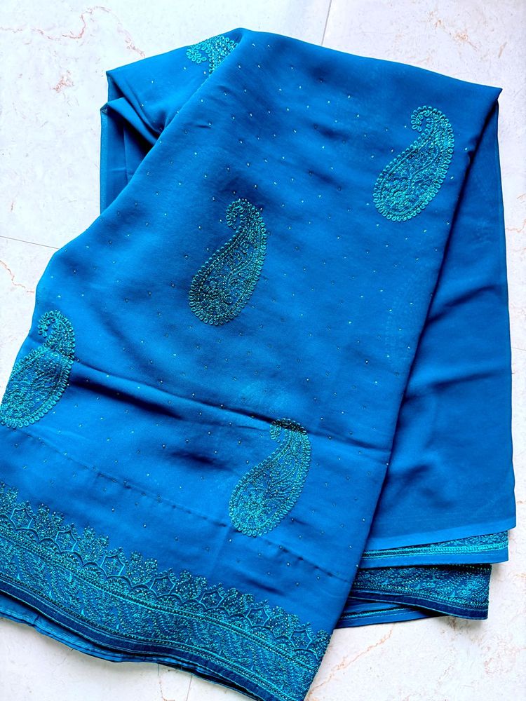 Sworaski &amp; Embroidered Peacock Blue saree