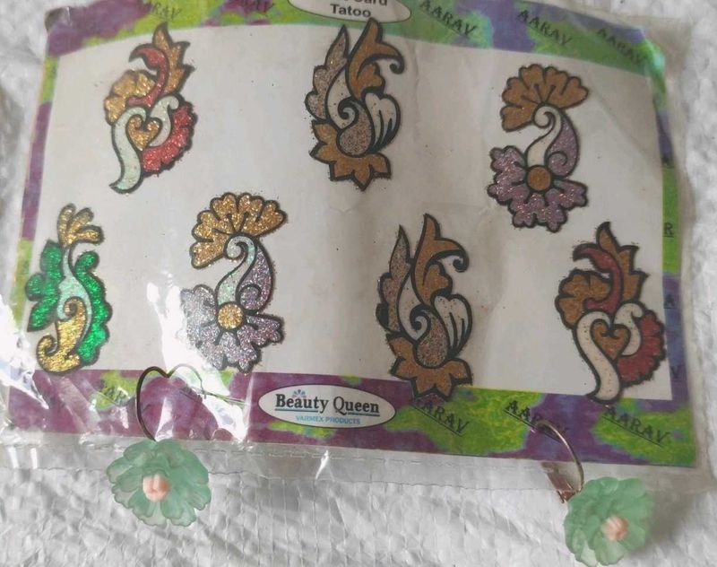 Glitter Tattoo Stickers, green &amp; Gold earrings