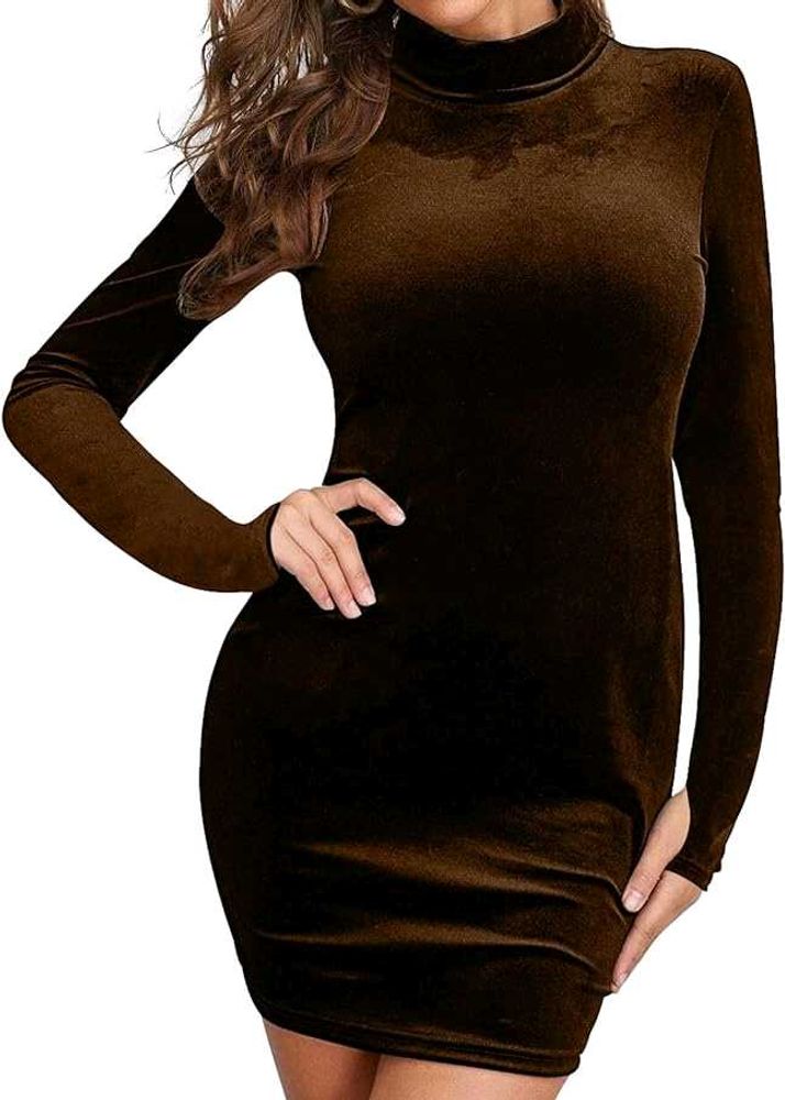 Brown Velvet Mock Neck Mini Dress