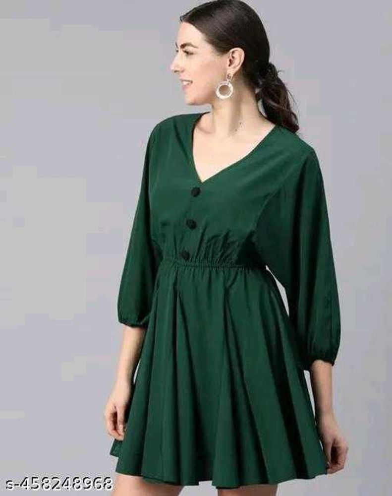 Green V-neck Pleated Fit &amp; Flare Dress