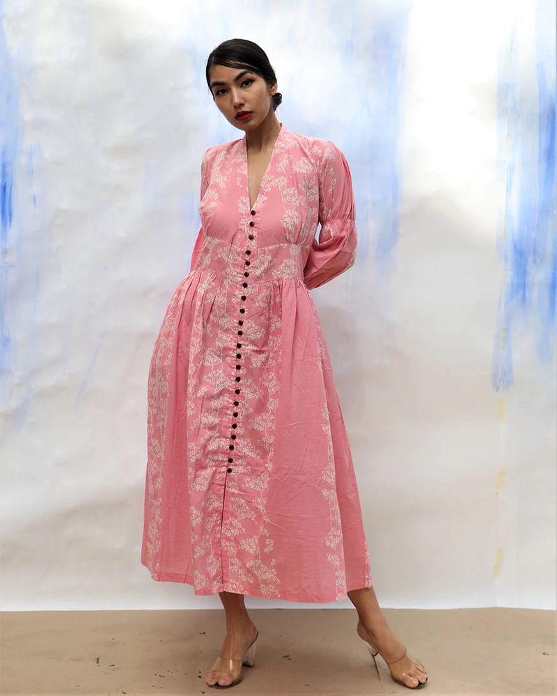 Pink Handprinted Front Open Pure Cottton Dress