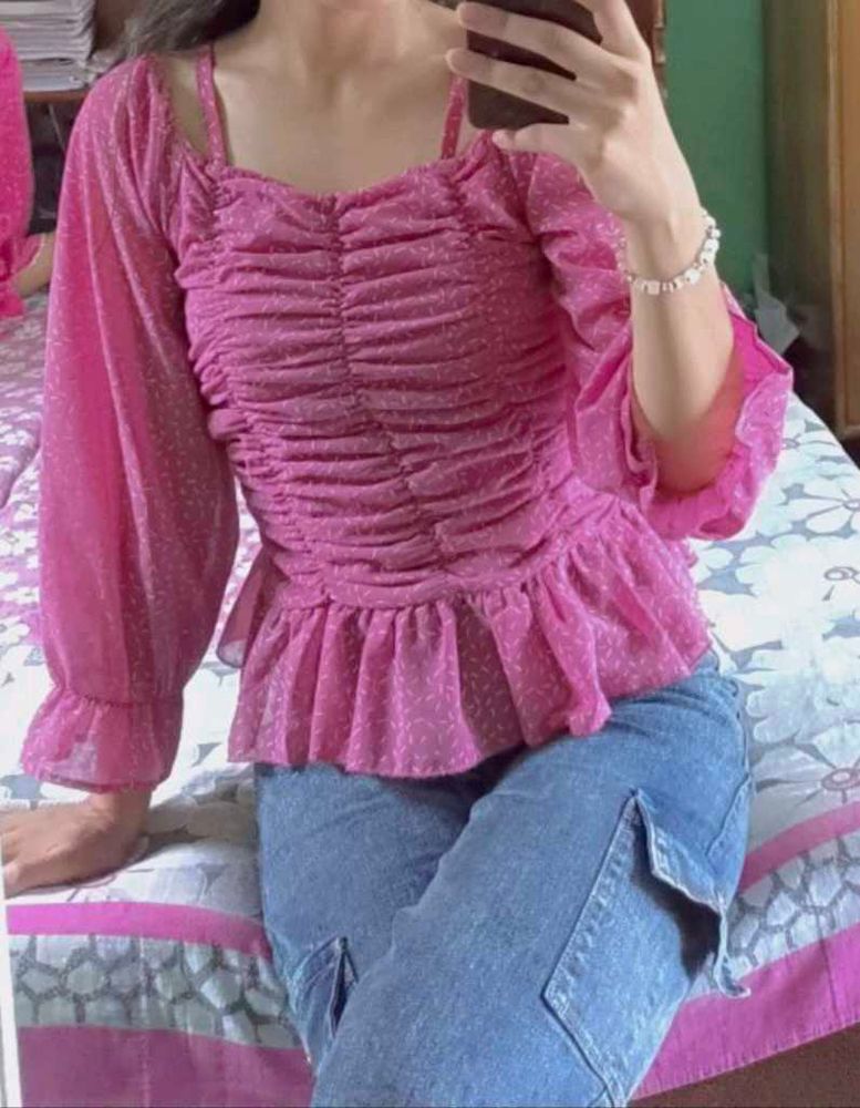 Pink Polka Dot Ruched Top