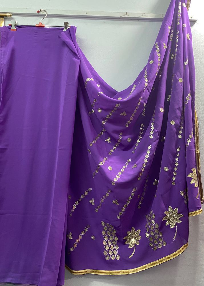 Full Embroidery Violet And Gold Saree Brand New