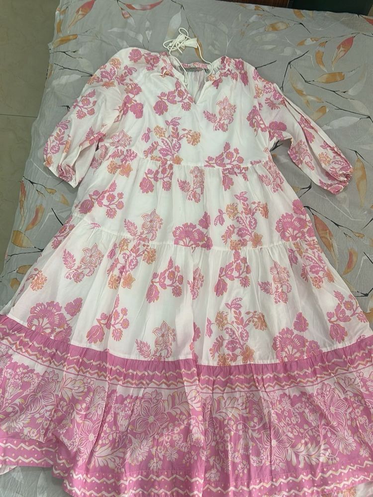 White and Pink Floral Tiered Dress