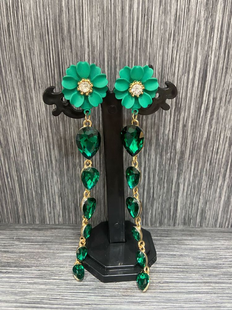 Green Flower Drop Earrings