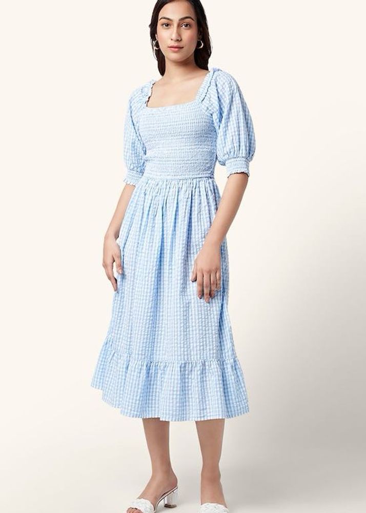Light Blue Checked Calf Length Casual Women Slim F