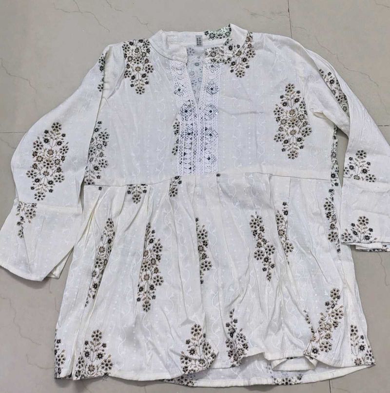 White Floral Print Tunic Short Kurti