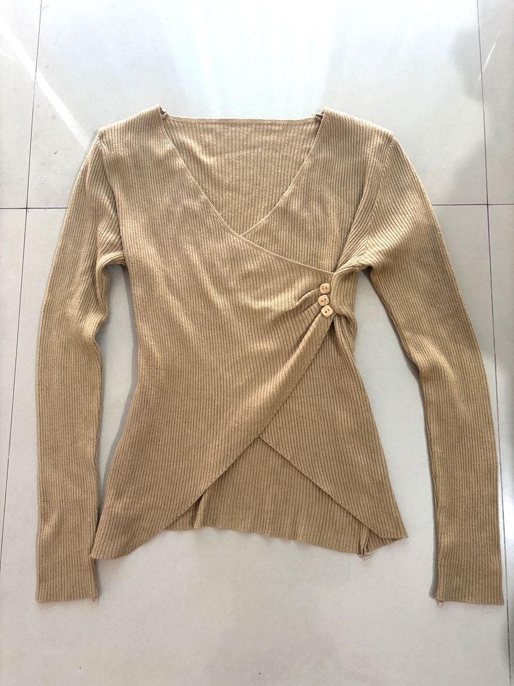 Ribbed Wrap-Front Long Sleeve Top