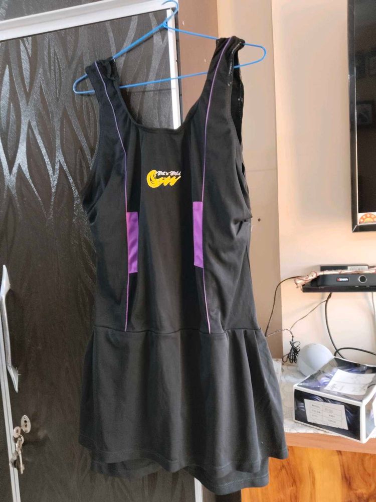 Women Black Swim Dress With Attach Shorts