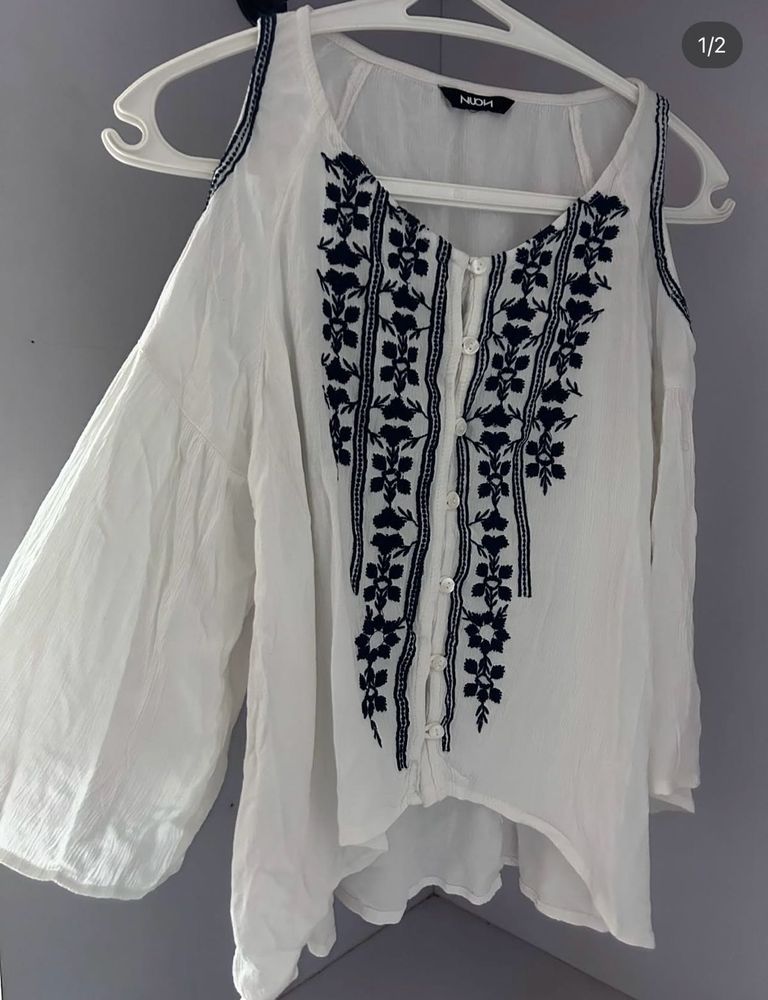 Nuon White Embroidered Cold Shoulder Top