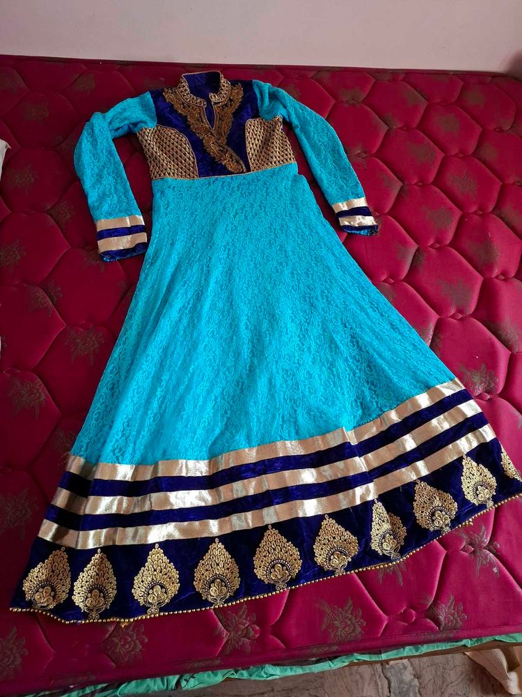 Teal &amp; Gold Embellished Anarkali Dress