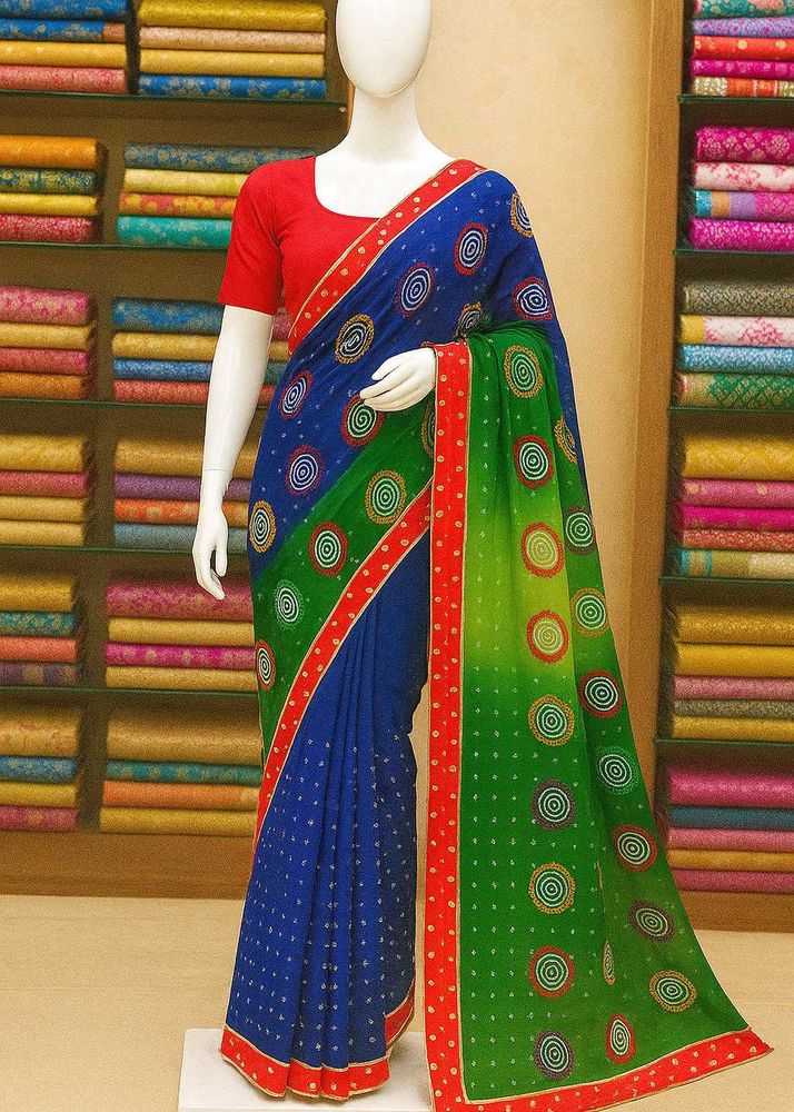 🇳🇿💫💗 Bandhej Print Elegant Blue &amp; Green Saree