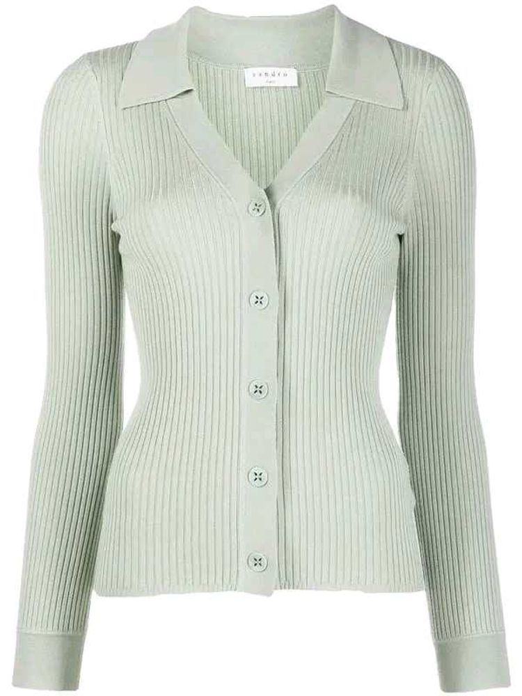 Sandro Lalie Ribbed Cardigan In Green
