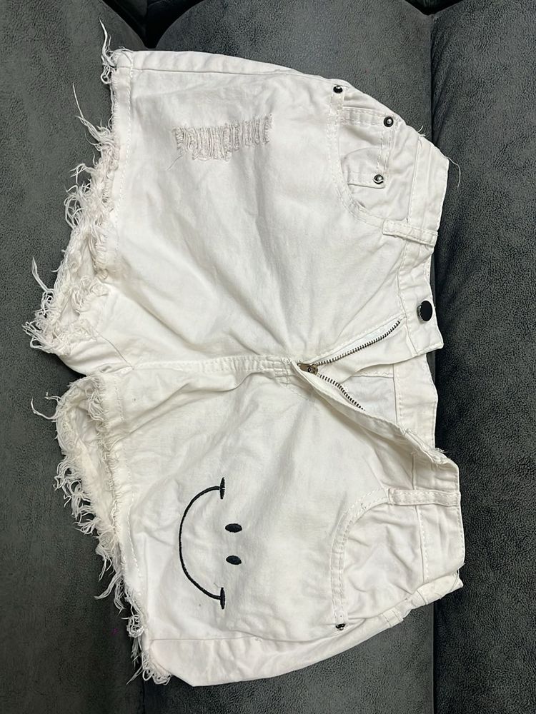 Distressed White Denim Shorts