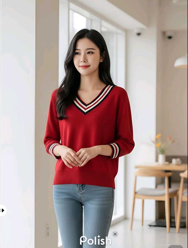 New With Tag Korean Red Stripped Pullover