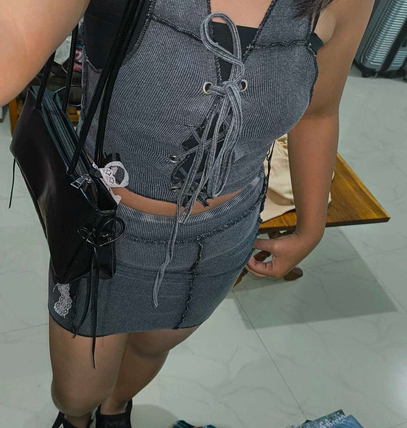 grey Textured Crop Top With Skirt