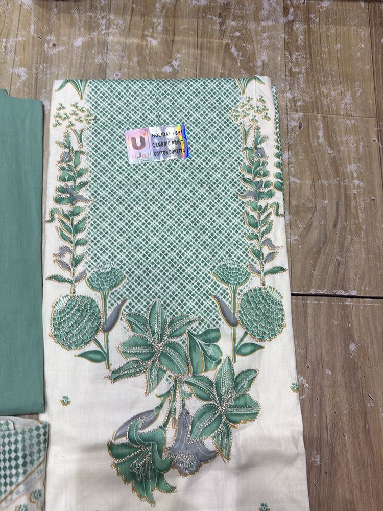 Green Floral Embroidered Cotton Suit