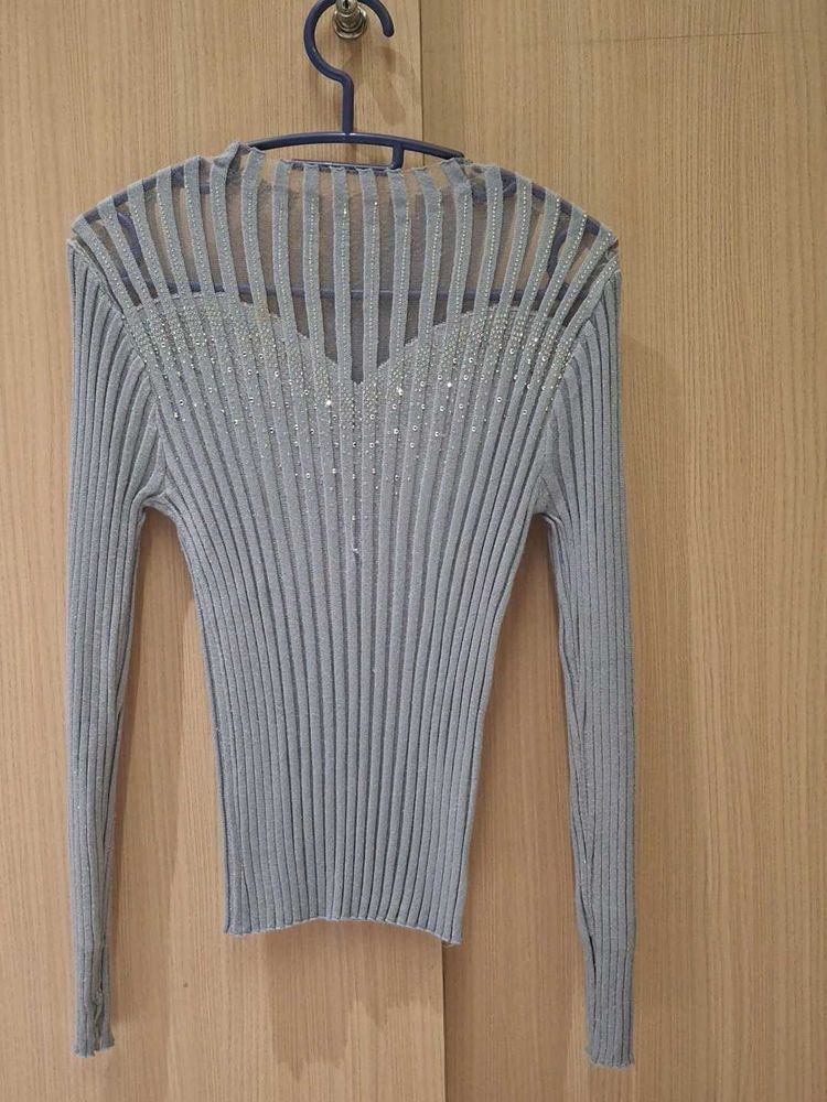 Grey Ribbed Knit Top