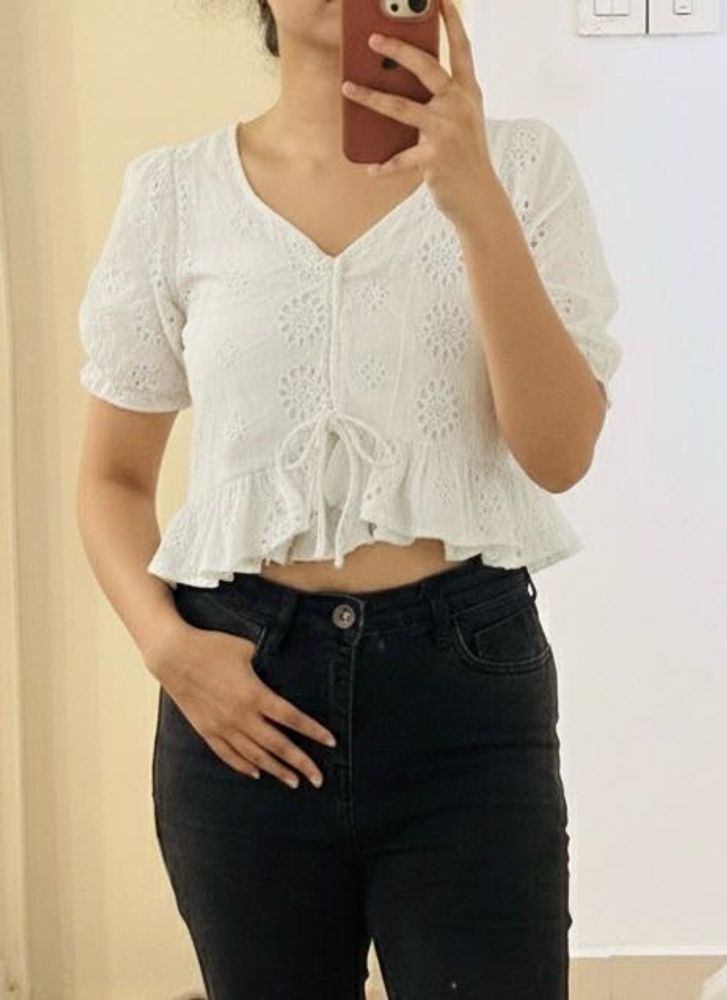 White Floral Eyelet Top