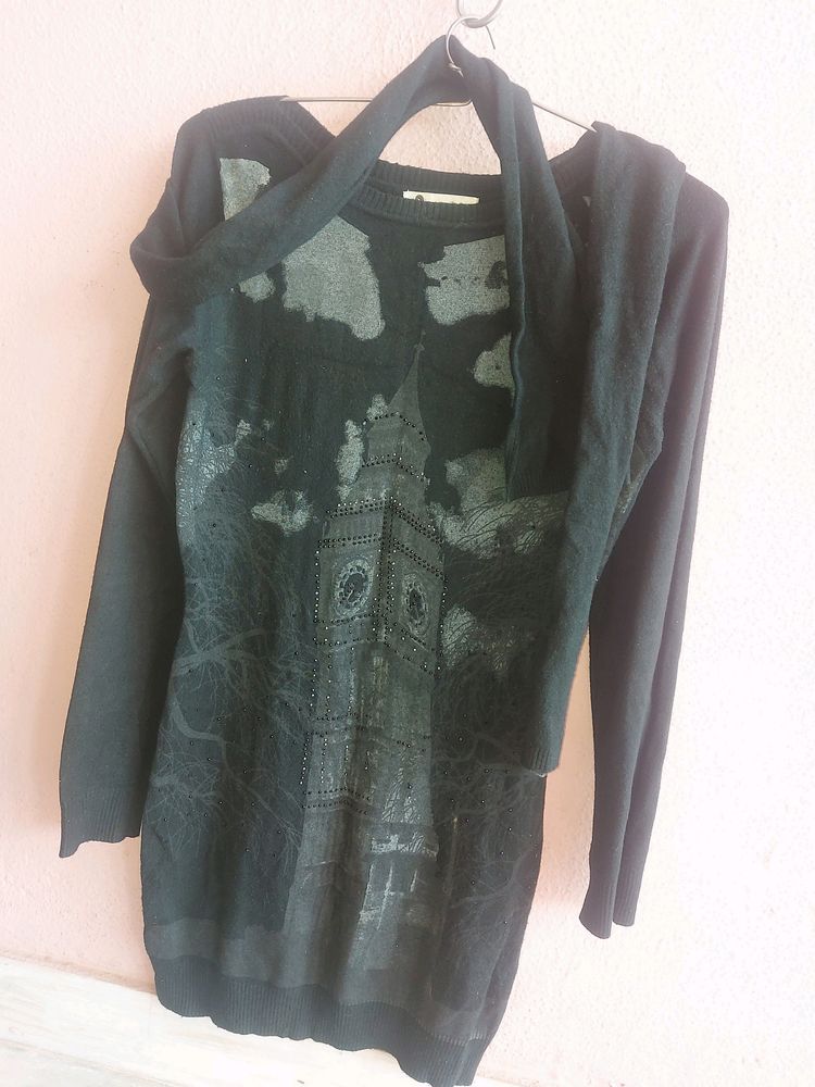 Black Long Full Sleeves Woolen Top With Super Soft Stole