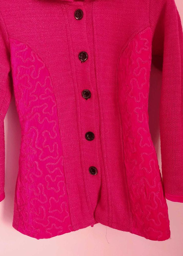Magenta Knit Button-Down Cardigan
