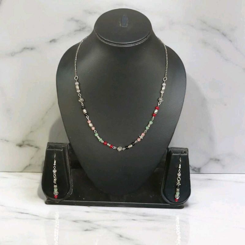 Multi color Beaded Necklace &amp; Earring Set