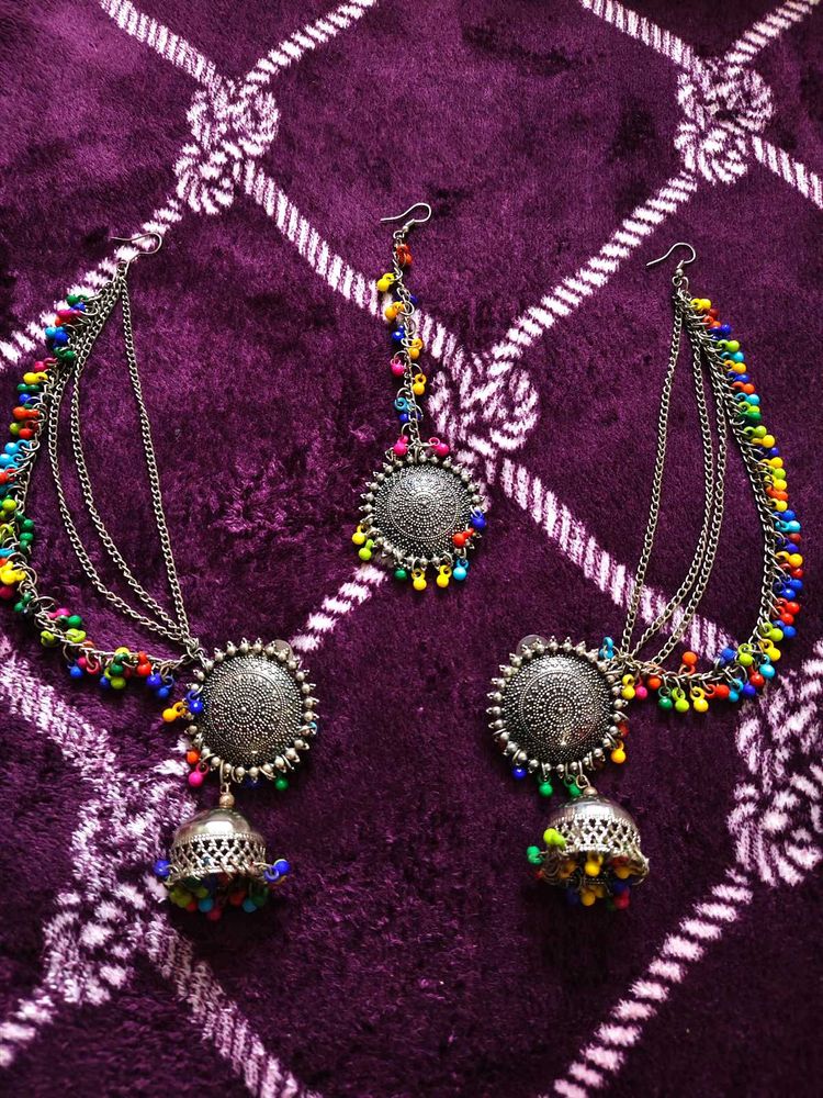 Oxidised Earrings With Mang Tika