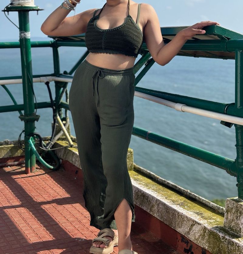 Olive Green Crochet Top &amp; Pants Set
