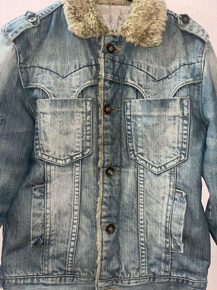 Denim Jacket with Fur Collar