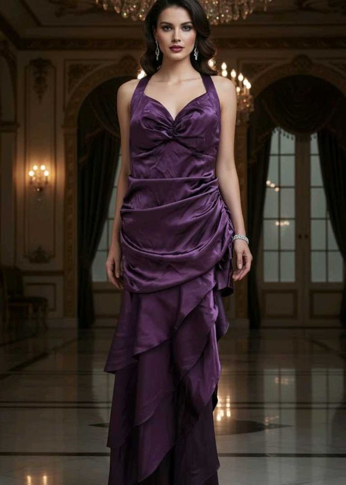 Purple ruffle dress with tailing on left side.