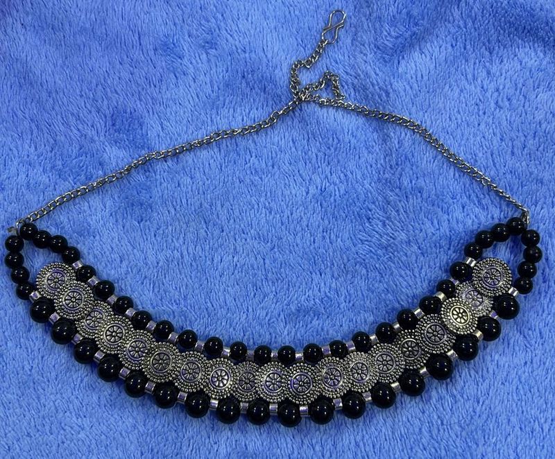 Black Beaded Silver Tone Necklace