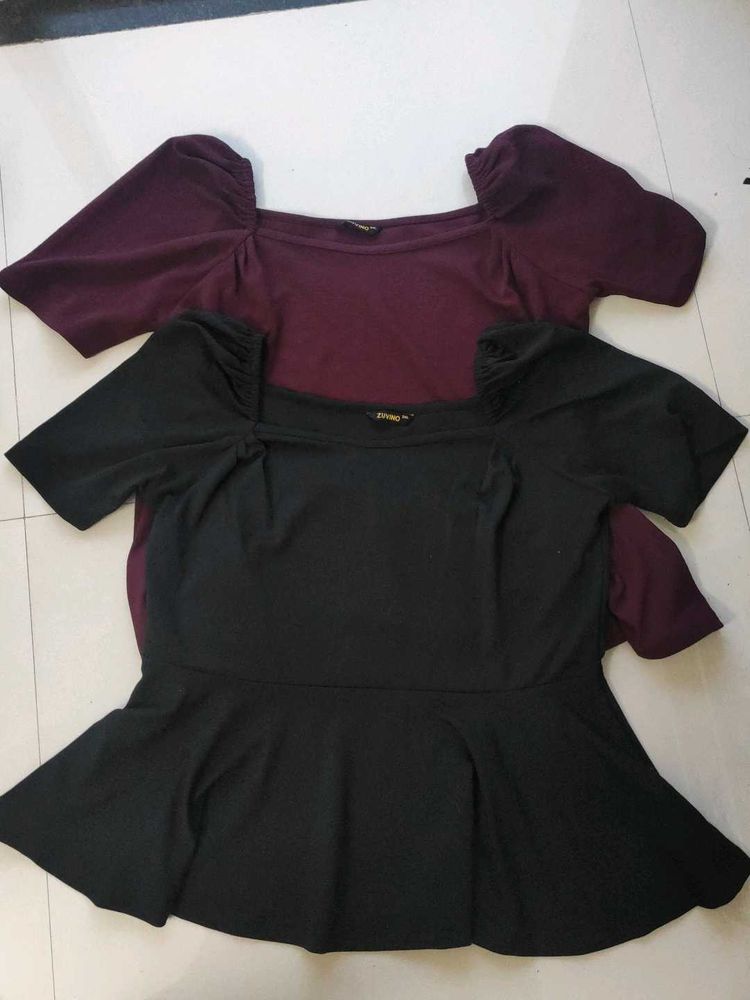 ZUVINO Peplum 2 Tops with Puff Sleeves Combo