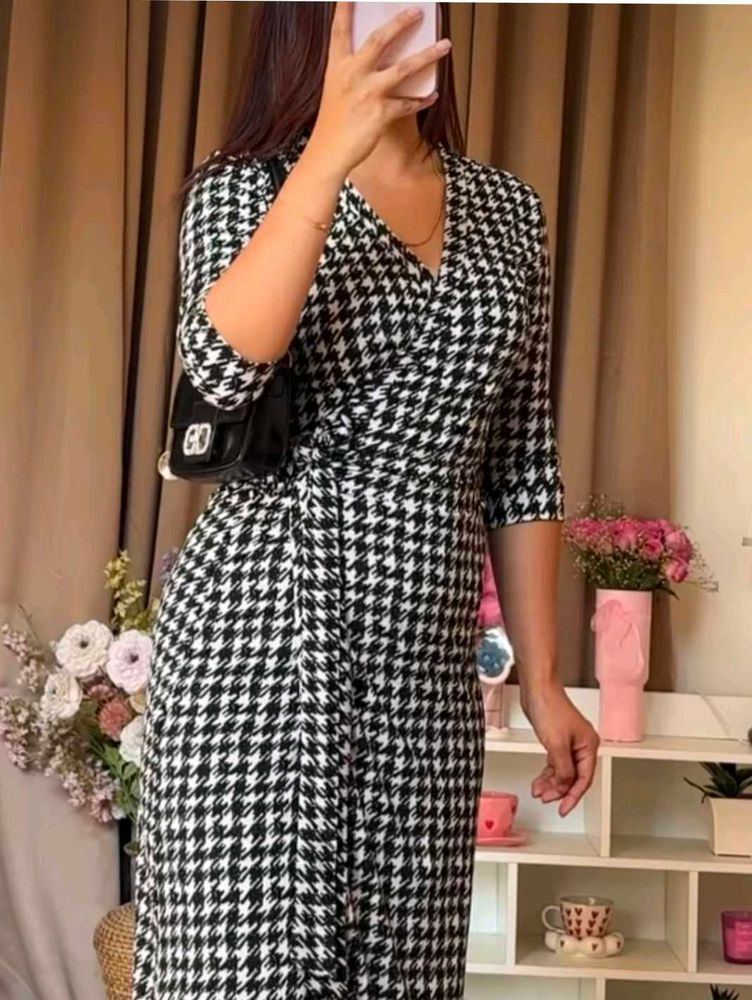 Houndstooth Wrap Midi Dress