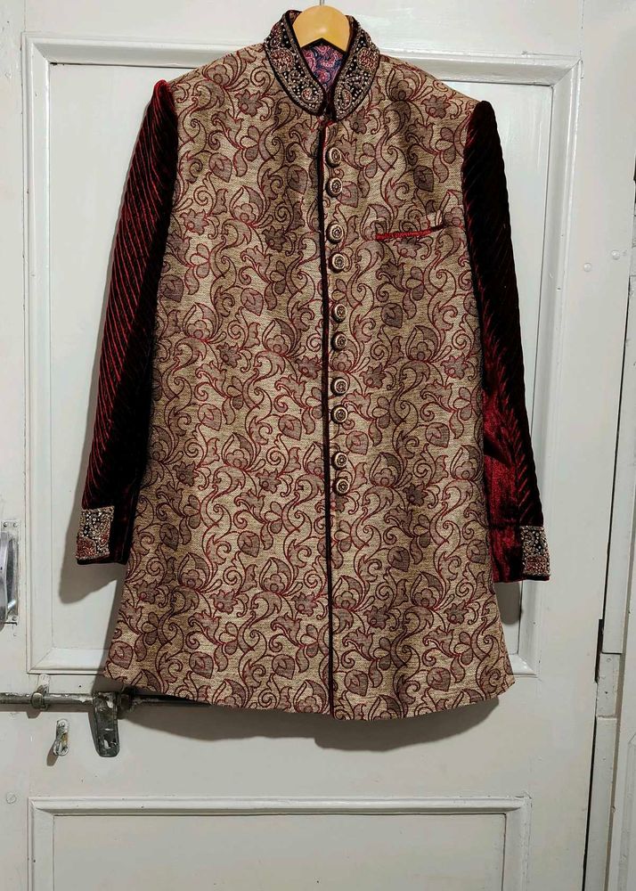 Maroon Velvet Sleeve Sherwani