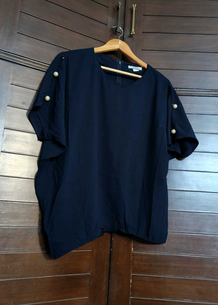Solezia Women Pearl Sleeve Navy Blue Casual Top