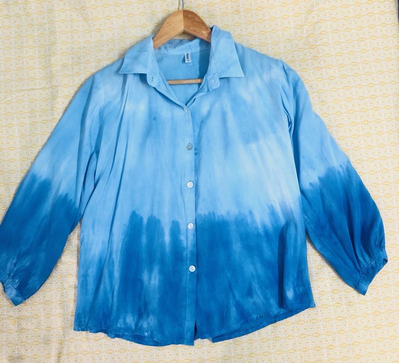 Blue Tie-Dye Button-Up Top